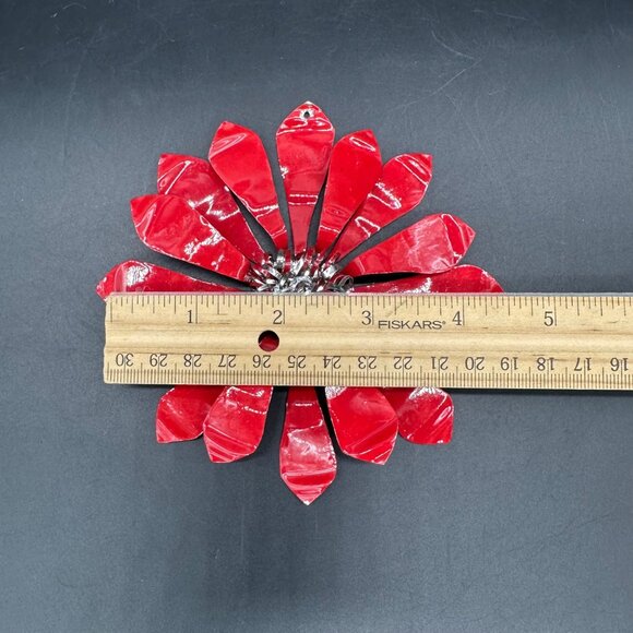 Vintage Christmas Ornament Handmade Red Silver Flower Aluminum Metal Atomic - Picture 8 of 8